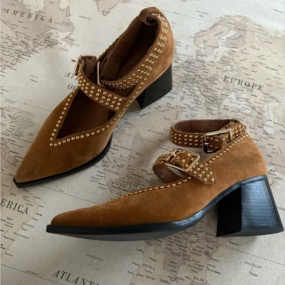 Jeffrey Campbell Free People Studded Suede Chunky Heels Size 9.5 Carmel/Gold - Picture 7 of 11